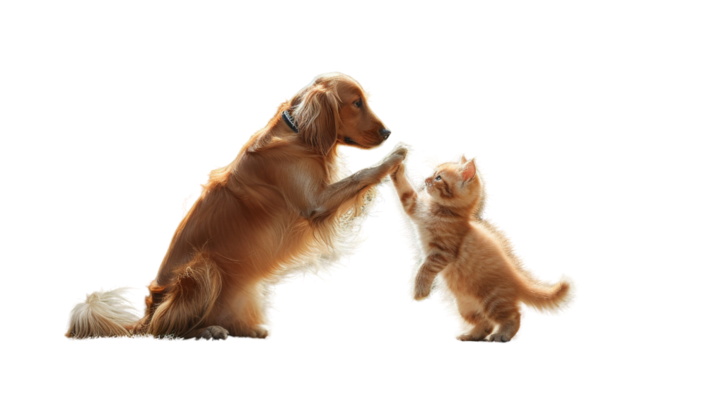 Golden retriever and kitten high-fiving