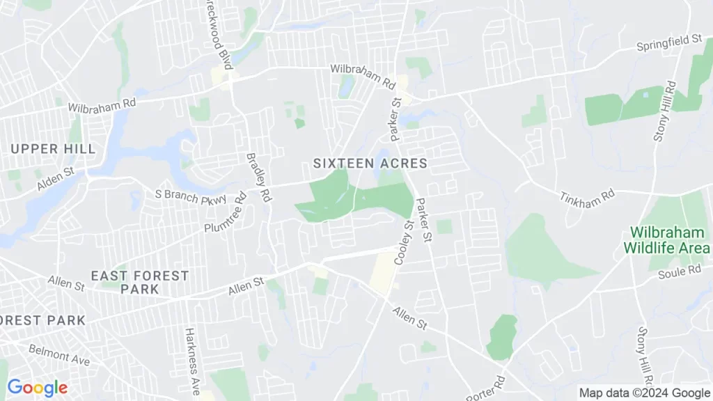 Service area map — Sixteen Acres, Forest Park, East Longmeadow, Wilbraham